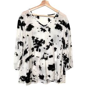 Cut Loose Womens Medium Top 100% Linen Tie Dye White Long Sleeve V Neck Blouse